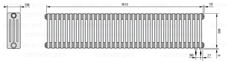 Схема (чертеж) Радиатор Zehnder Charleston 4045/35 №5510 Белый глянцевый RAL 9016